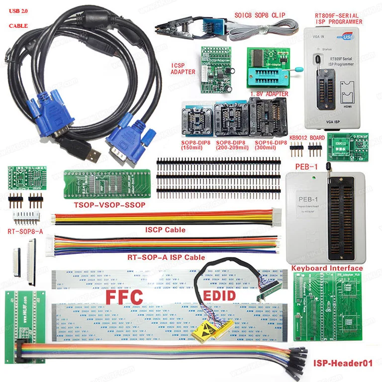 RT809F ISP программатор с адаптерами PEB-1 плата расширения кабель EDID
RT809F ISP программатор с адаптерами PEB-1 плата расширения кабель EDID