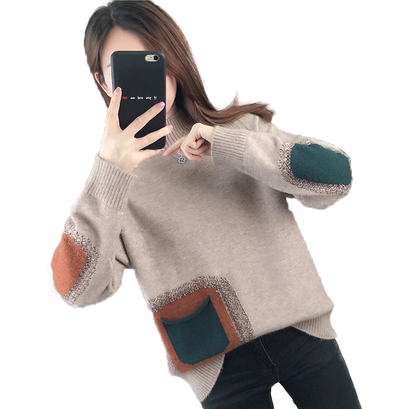 Semi-turtleneck sweater women loose wear new autumn and winter plus velvet joker bottoming shirt foreign style inside thick