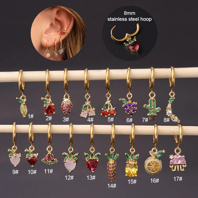 

1PCS 8MM 18K Gold Plated Hoop With Gold Small Crystal Cherry Apple Grape Strawberry Cartilage Earrings Piercing Jewelry