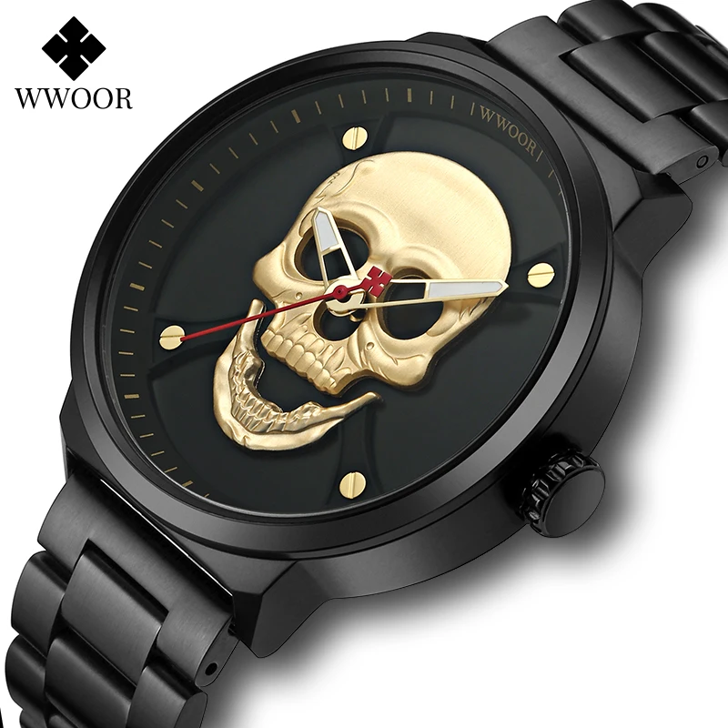 

WWOOR New Fashion Cool 3D Skull Watch Men Luxuy Waterproof Stainless Steel Gold Sports Men Quartz Wristwatches Relogio Masculino