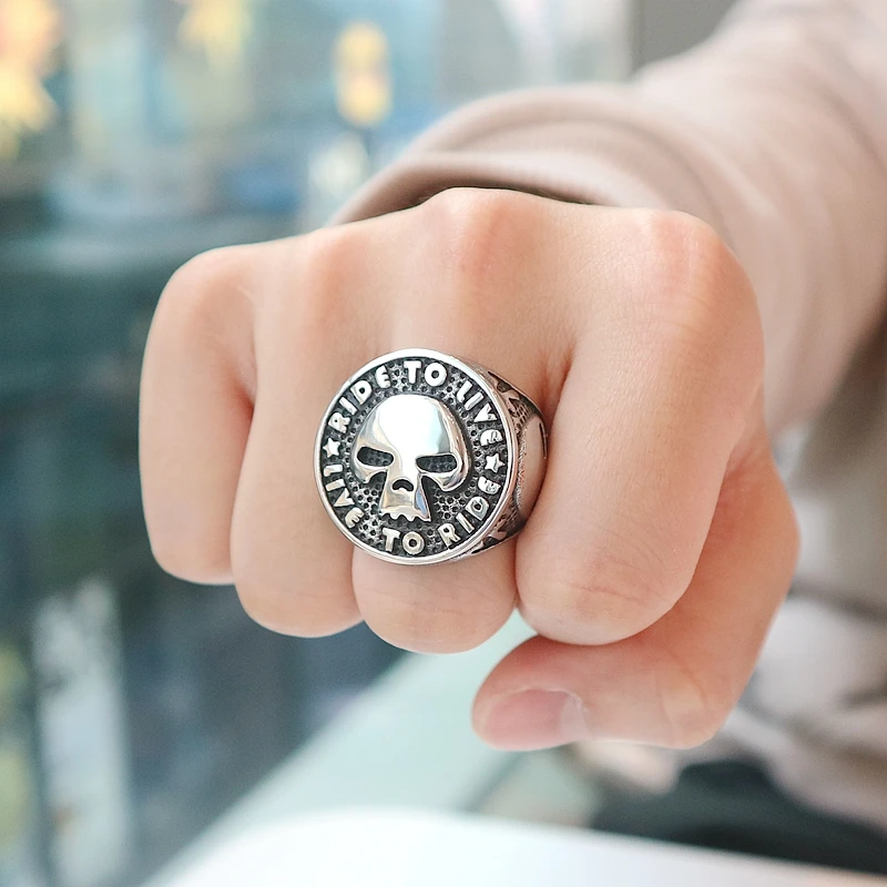 

Newest Unisex 316L Stainless Steel Cool Ride to Live, Live to Ride Flaming Skull Big Ring Biker Style