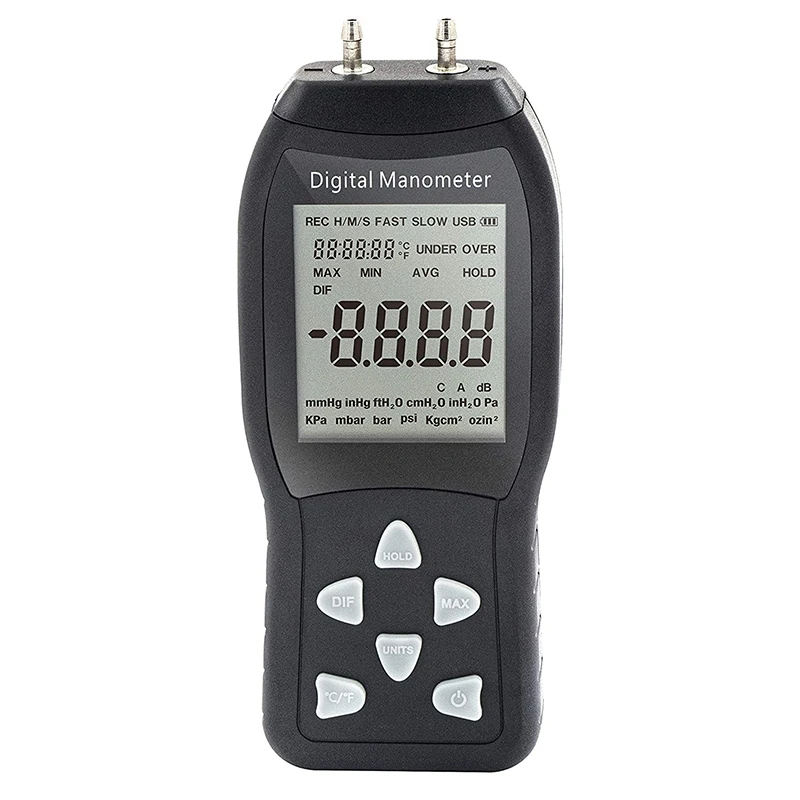 Digital Air Pressure Meter & Manometer to Measure Gauge and Differential Pressure +/-13.79KPa / +/-2 Psi / +/-55.4 H2O
Digital Air Pressure Meter & Manometer to Measure Gauge and Differential Pressure +/-13.79KPa / +/-2 Psi / +/-55.4 H2O