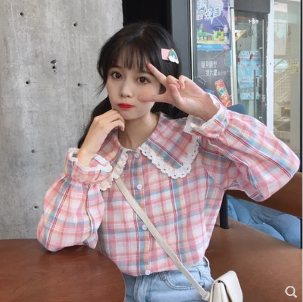 Korean Harajuku Style sweet girls Winter peter pan collar plaid long sleeve shirt Soft girl kawaii temperament princess shirt 
Korean Harajuku Style sweet girls Winter peter pan collar plaid long sleeve shirt Soft girl kawaii temperament princess shirt