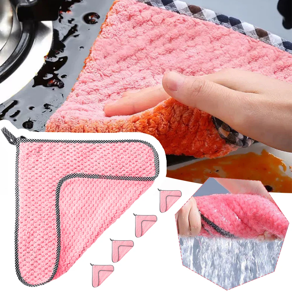 

5 Pcs Kitchen Dish Cloths 25*25cm Thickened Table Cleaning Cloth Absorbent Scouring Pad Dish Rag Remove Oil Cleaning Towel