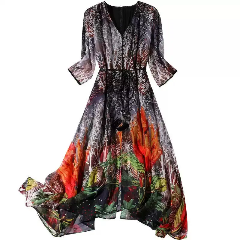 High End Silk Dress 2021 Summer New French V-neck Dress Elegant Floral Mulberry Silk Dress
High End Silk Dress 2021 Summer New French V-neck Dress Elegant Floral Mulberry Silk Dress