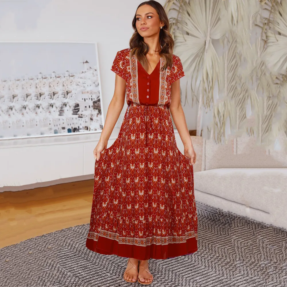 2021 Summer New Short-Sleeved Button Lace-Up Positioning Flower Stitching Dress Women Boho Print V Neck Long Dress Robes Femme
2021 Summer New Short-Sleeved Button Lace-Up Positioning Flower Stitching Dress Women Boho Print V Neck Long Dress Robes Femme