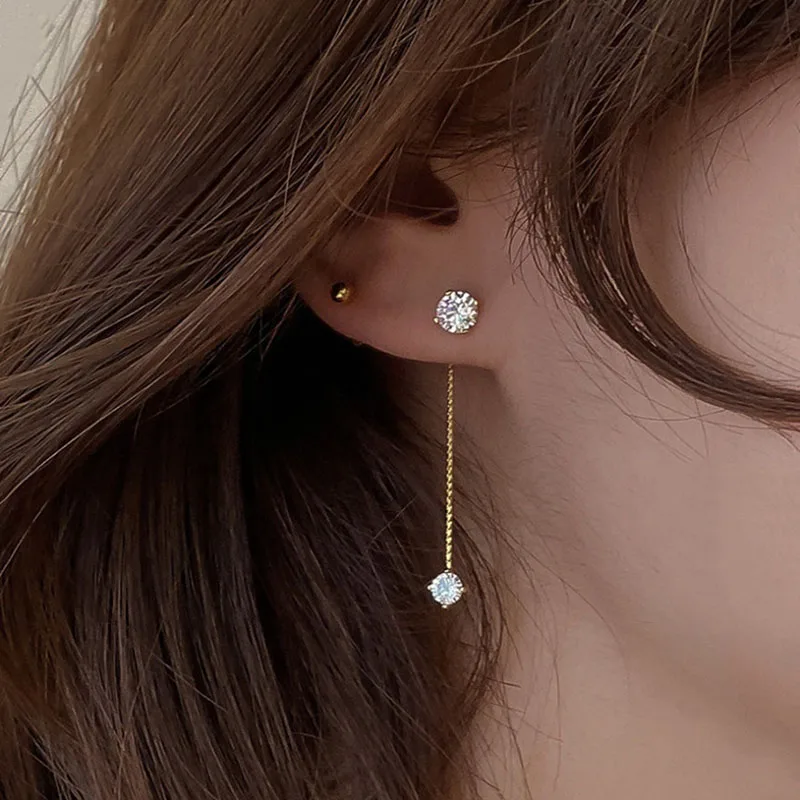 

Korea Fashion Front Back Wearing Micro Inlaid Shiny Micro Pave Zircon Long Dangle Earrings Gold Color Dating Jewelery Gift