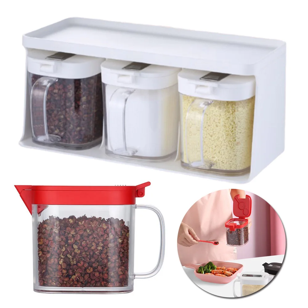 Auto Flip Lid Condiment Pot Seasoning Box Wall Mounted Salt Spice Jars Plastic Container With Spoon For Kitchen Supplies 
Auto Flip Lid Condiment Pot Seasoning Box Wall Mounted Salt Spice Jars Plastic Container With Spoon For Kitchen Supplies