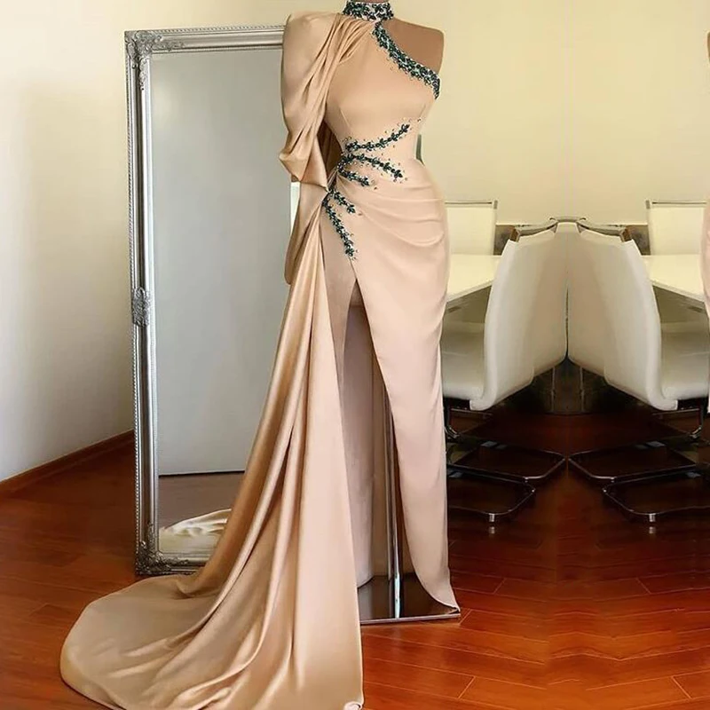 Beaded Evening Dress High Neck One Shoulder Champagne Side Split Sexy Muslim Arabic Prom Dress Party Gown robe de soire
Beaded Evening Dress High Neck One Shoulder Champagne Side Split Sexy Muslim Arabic Prom Dress Party Gown robe de soire