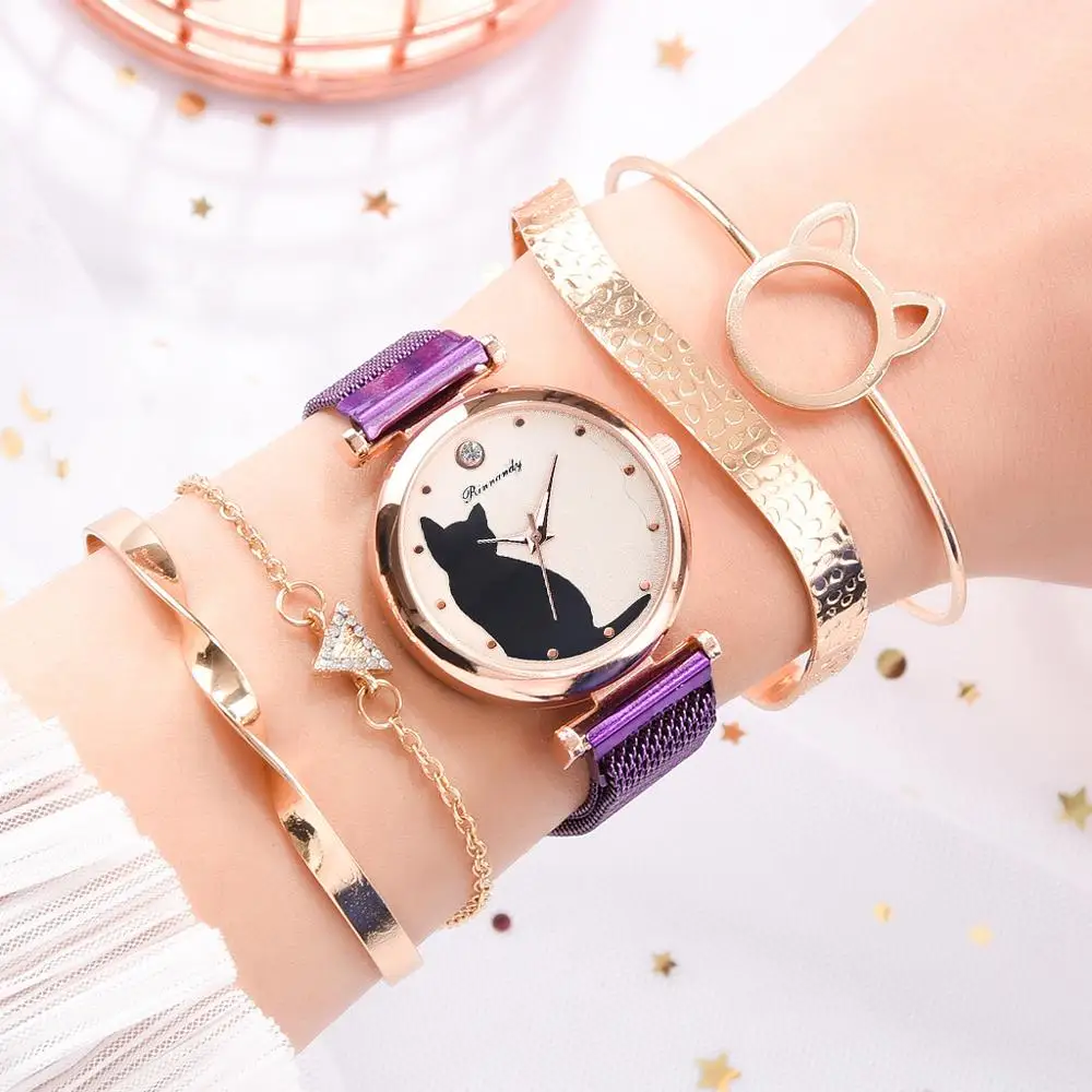 5 шт./компл. женские часы из розового золота набор с золотым браслетом