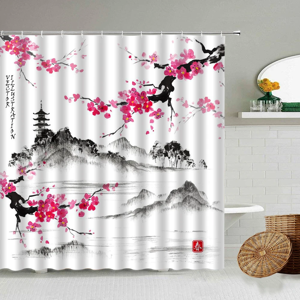 Japanese Cherry Blossom Shower Curtains Pink Flowers Mountain Water Pavilion Asian Ink Landscape Cloth Bathroom Decor with Hooks
Japanese Cherry Blossom Shower Curtains Pink Flowers Mountain Water Pavilion Asian Ink Landscape Cloth Bathroom Decor with Hooks