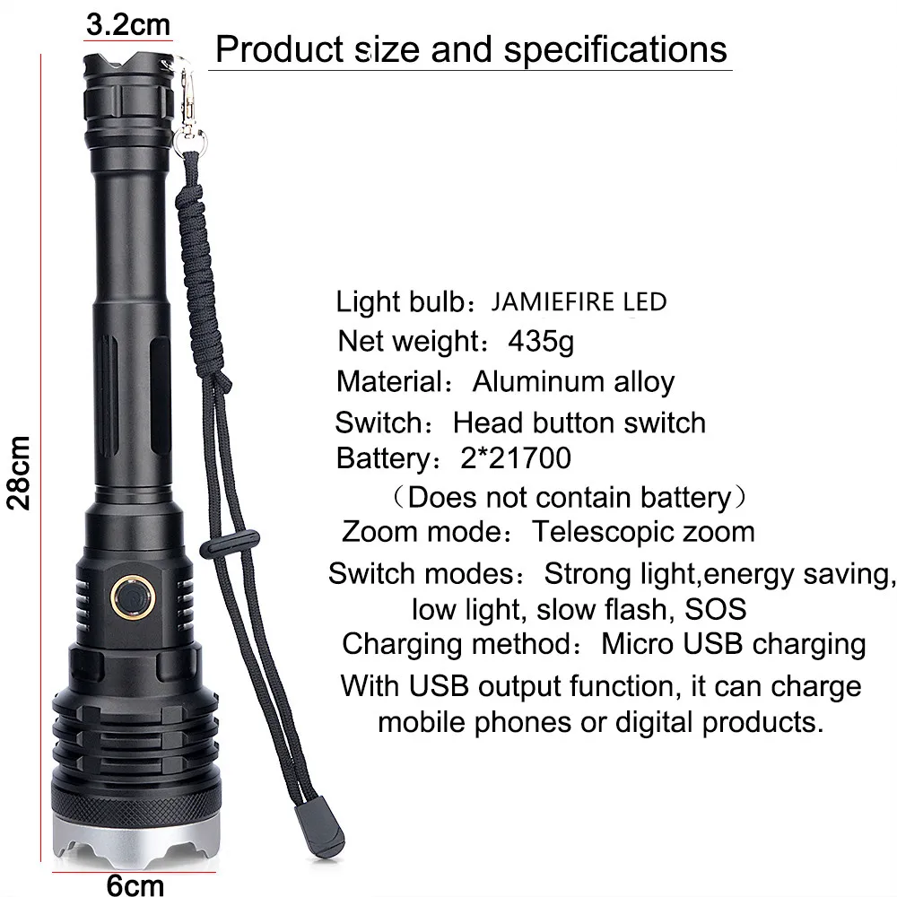 Мощный фонарь с подзарядкой USB для тактической охоты JamieFire LED