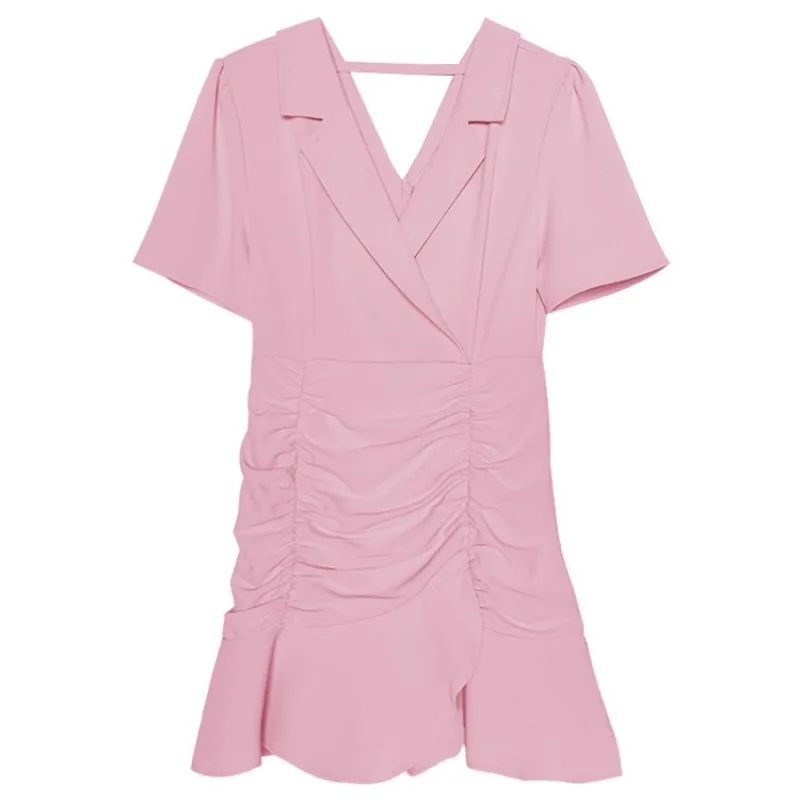Summer Women Short Sleeve Suit Collar A-Line Dress Sweet Office Lady Folds Pullover High Waist Dress Streetwear Short Dress