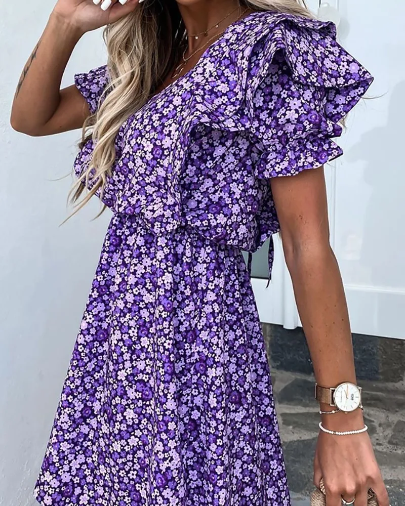 Women's Floral Print Dress Layered Ruffles Sleeve V-neck Dress Casual Style Lace-up Clothes
Women's Floral Print Dress Layered Ruffles Sleeve V-neck Dress Casual Style Lace-up Clothes