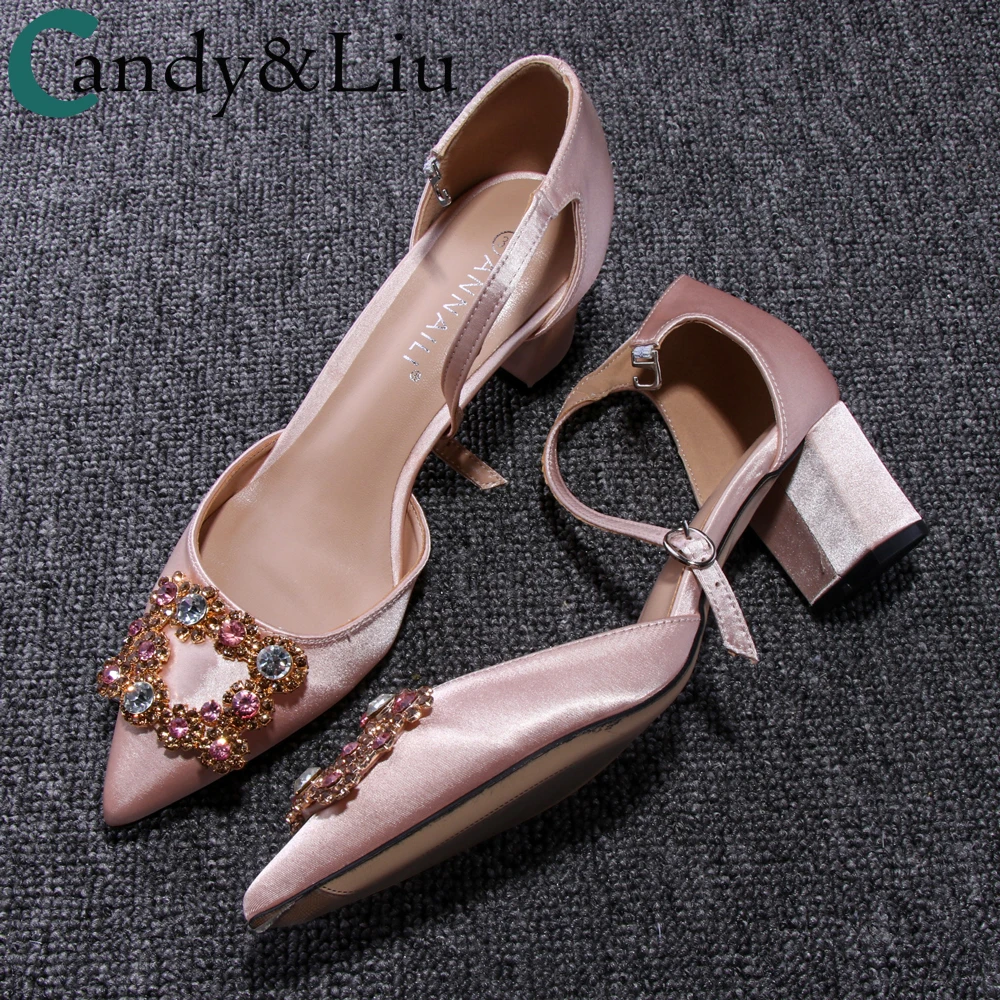 

Female Sandals Champagne Square Crystal Stone Decoration Thick Heel Fat Low 5cm 7cm Satin Bride Party Graceful Cute Women Shoes