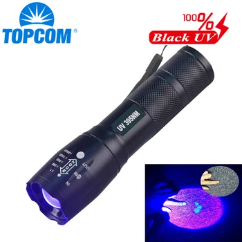 TopCom 395nm UV LED Flashlight Zoomable 3W UV Light Waterproof UV Torch For Amber Urine Detector Use 18650 Rechargeable Battery
