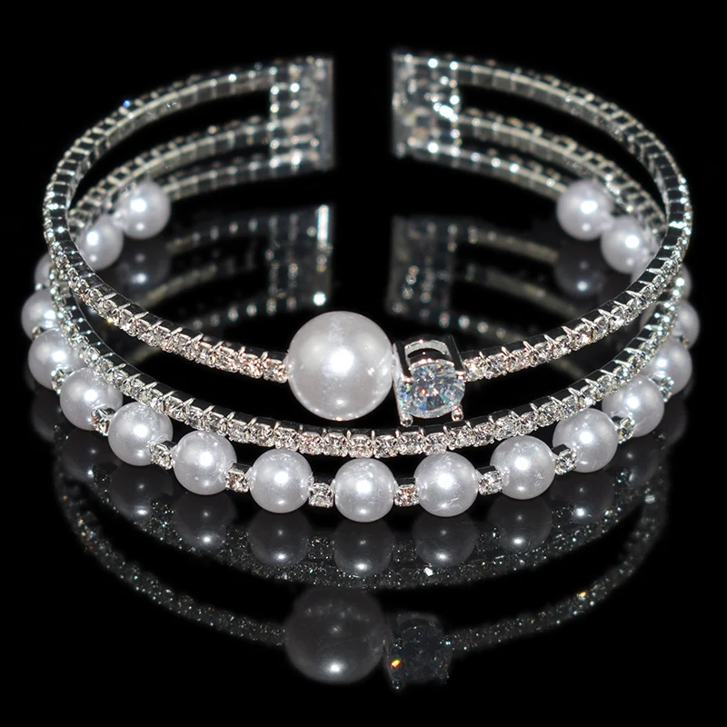 Фото Модный циркониевый жемчужный Стразы AOUSIX посеребренный Открытый браслет женские
