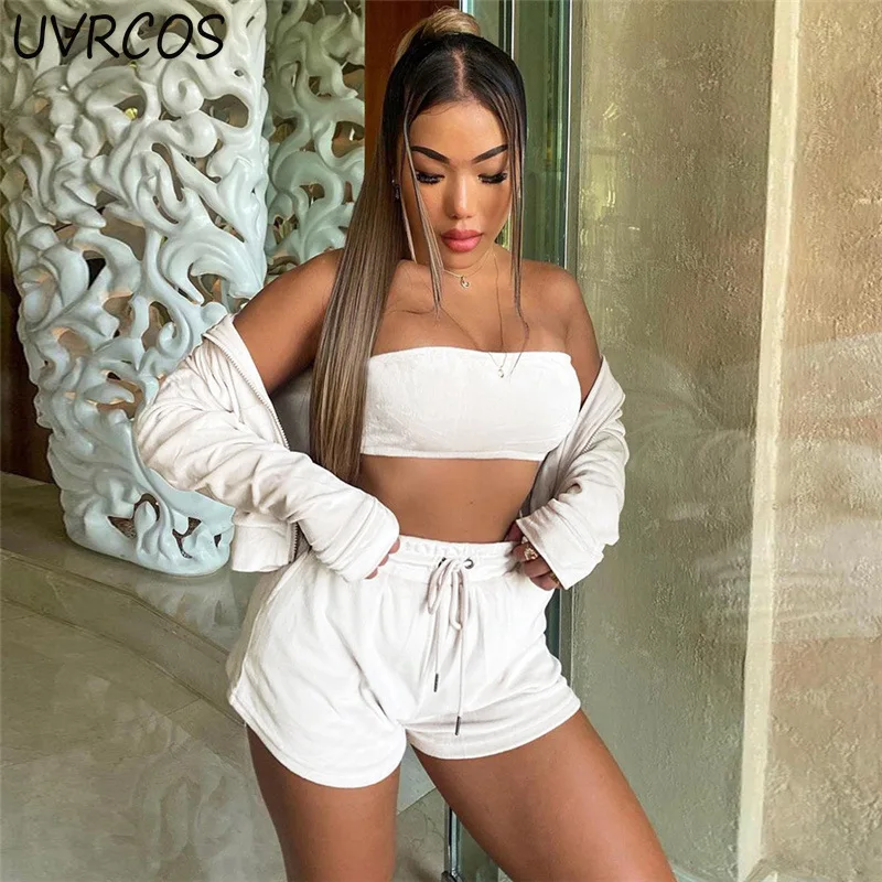 Velour Solid Harajuku 3 Three Piece Set Women Autumn Fashion Casual Homewear Hooded Coat+Wrapped Chest+Drawstring Shorts Outfit
Velour Solid Harajuku 3 Three Piece Set Women Autumn Fashion Casual Homewear Hooded Coat+Wrapped Chest+Drawstring Shorts Outfit