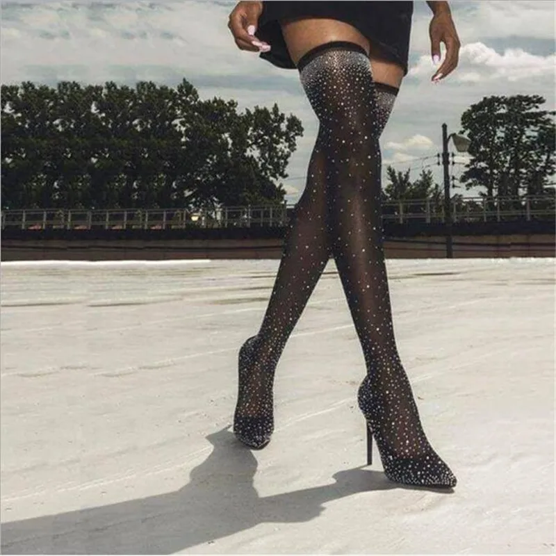 2021 Fashion Runway Crystal Stretch Fabric Sock Boots Pointy Toe Over-the-Knee Heel Thigh High Pointed Toe Woman Boot
2021 Fashion Runway Crystal Stretch Fabric Sock Boots Pointy Toe Over-the-Knee Heel Thigh High Pointed Toe Woman Boot