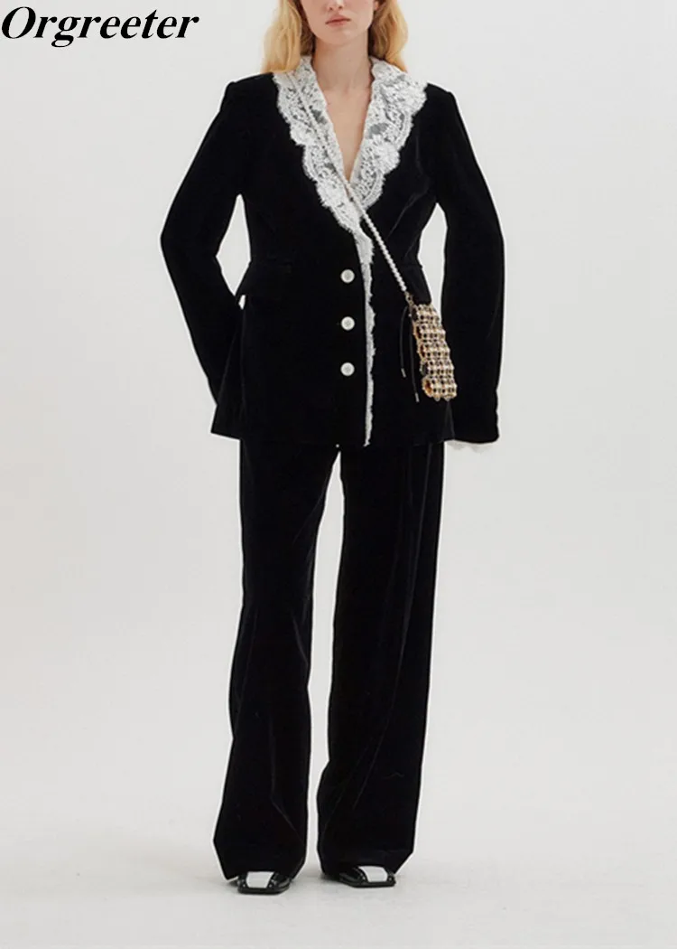 

Женский бархатный брючный костюм, подиумный дизайнерский костюм из двух предметов, свободный блейзер с кружевными лацканами и широкие брюк...