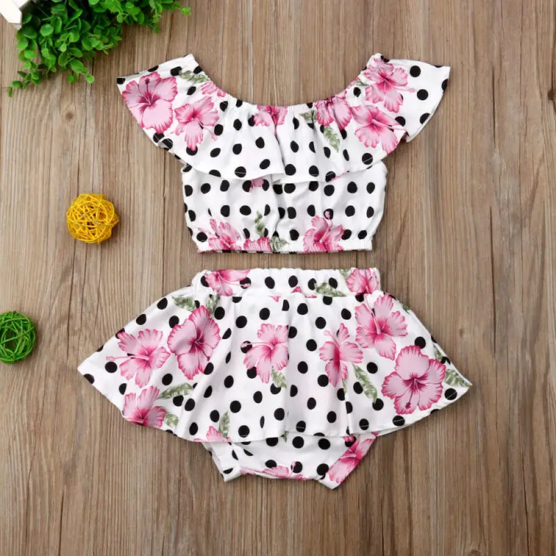 

0-3Y Cute Newborn Baby Girl Summer Clothes Off shoulder Crop Tops Polka Dot Tutu Skirted Shorts Bloomers 2PCS Outfits