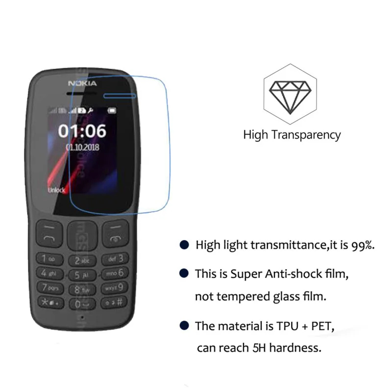 3Pcs Clear Scratch Resistant Anti-Water Film For Nokia 106 2018 Screen Protector 5H HD Explosion-Proof PET Film Not Glass
3Pcs Clear Scratch Resistant Anti-Water Film For Nokia 106 2018 Screen Protector 5H HD Explosion-Proof PET Film Not Glass