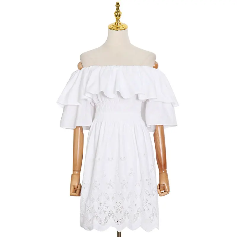 

XITAO Whits Mini Dress Ruffle Splicing Slash Neck Collar Summer Fashion New Folds Shrink Waist Hollow Out Lace Hem CLL1487