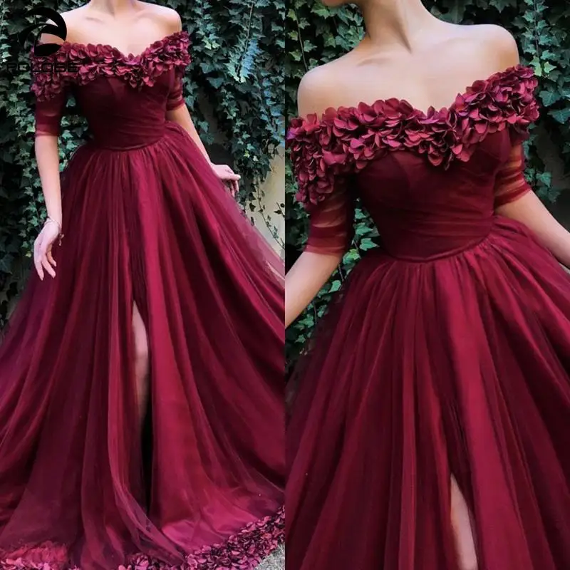 Off Shoulder Elegant Prom Dresses Handmade Flowers Long Tulle High Split Evening Party Dresses with Half Sleeve 
Off Shoulder Elegant Prom Dresses Handmade Flowers Long Tulle High Split Evening Party Dresses with Half Sleeve
