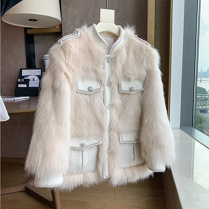 

Heavy-duty diamond-studded faux fur coat High-quality collar single-breasted fur integrated thickened coat