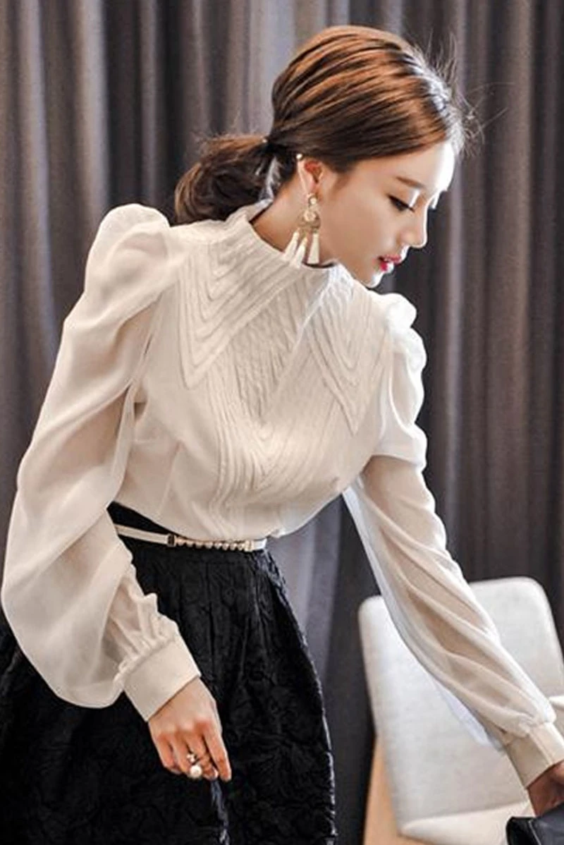 

Female Long-sleeved Shirt Spring Aristocratic Stand Collar Long Puff Sleeve Chiffon Blouse Women Elegant Tops D934