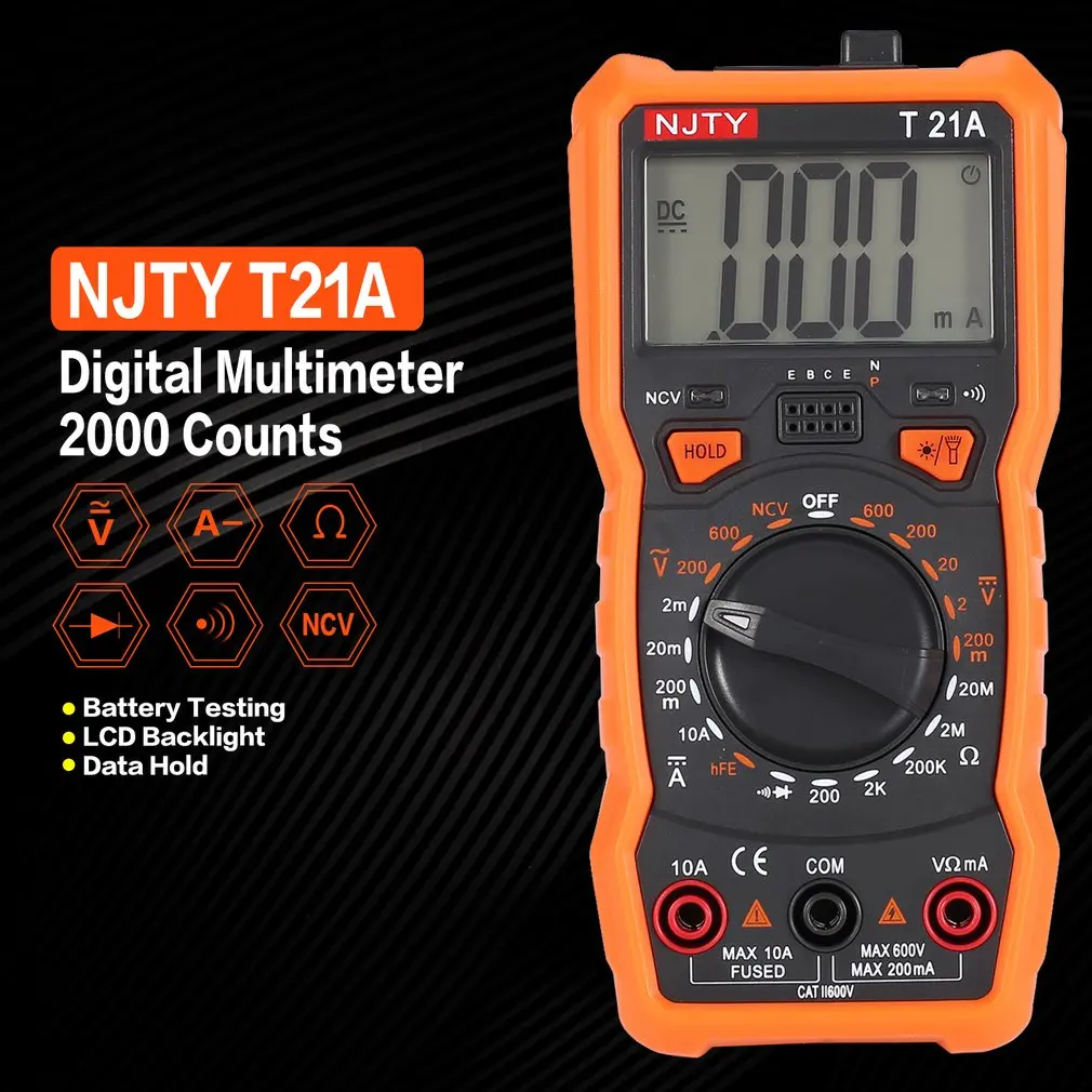 Digital Multimeter NJTY T21A DC/AC Voltage Current Meter Handheld Ammeter Ohm Diode NCV Tester 2000 Counts Multitester
Digital Multimeter NJTY T21A DC/AC Voltage Current Meter Handheld Ammeter Ohm Diode NCV Tester 2000 Counts Multitester