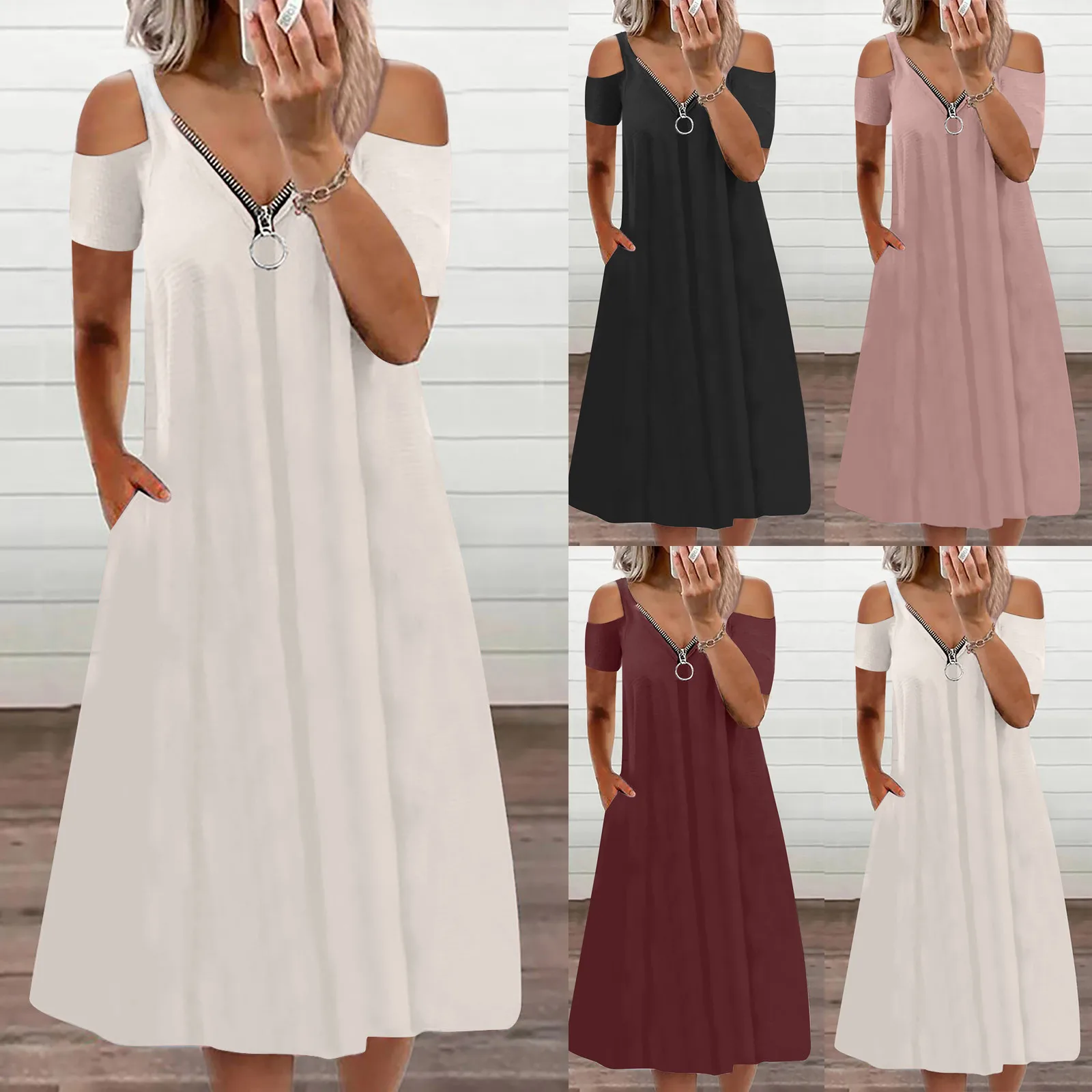 2021 Women Fashion Summer Loose Dress Off Shoulder Short Sleeve Midi Dress Sexy Zipper V Neck Hollow Out Casual Dress Vestido
2021 Women Fashion Summer Loose Dress Off Shoulder Short Sleeve Midi Dress Sexy Zipper V Neck Hollow Out Casual Dress Vestido