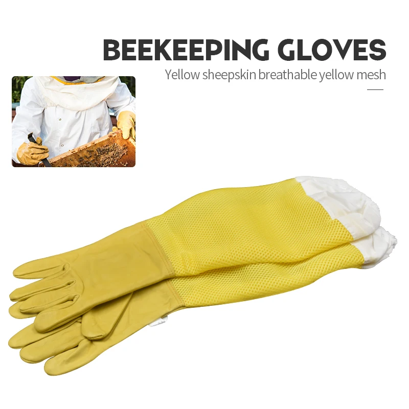 

Brand Yellow Sheepskin Breathable Yellow Mesh Bee Glove Ventilated Professional Anti Bee for Apiculture Beekeeper Beehive