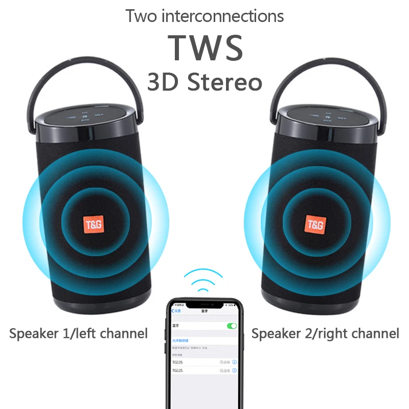 Портативная Водонепроницаемая стереоколонка TG135 высокой мощности 40 Вт Bluetooth