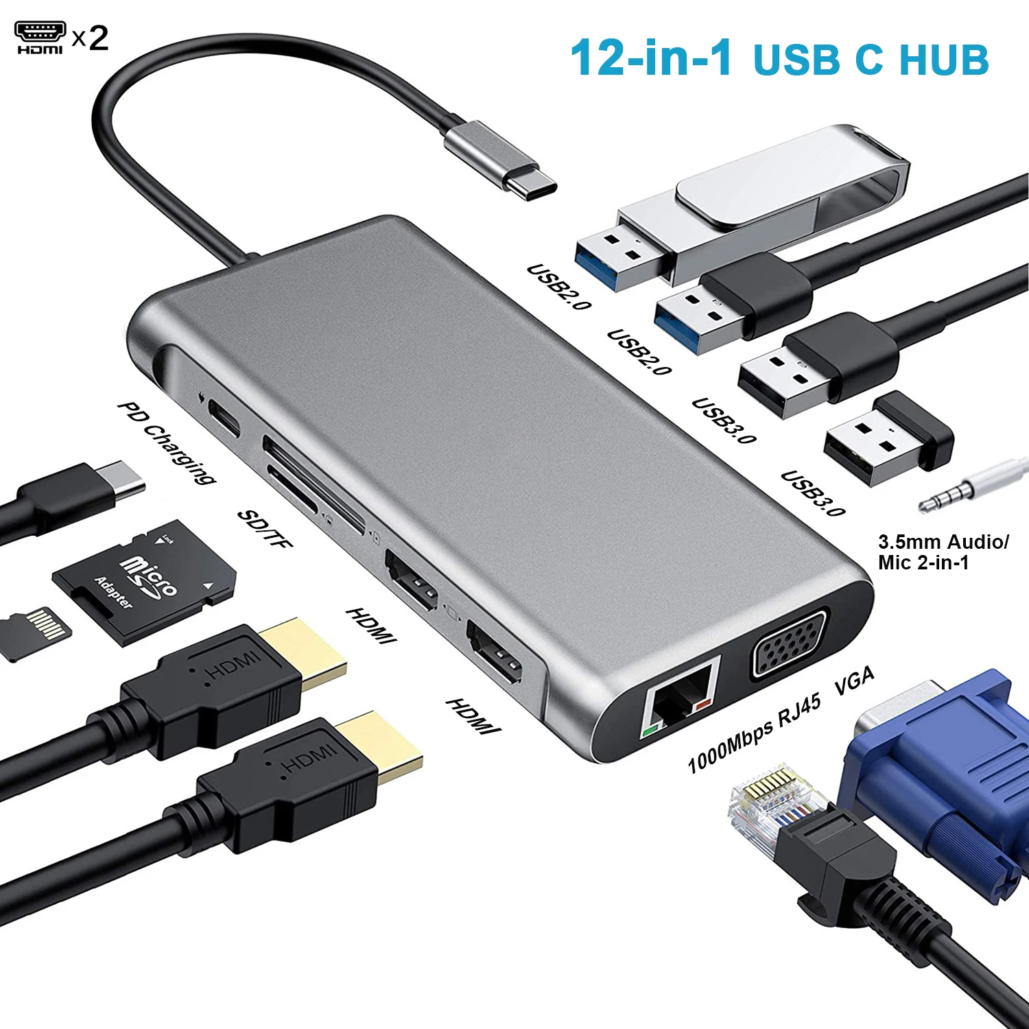 12 in 1 USB Type C Hub Type-C To 2 HDMI 4K VGA Adapter RJ45 Lan Ethernet SD TF PD USB-C 3.0 3.5mm Audio/Mic for MacBook Pro OTG
12 in 1 USB Type C Hub Type-C To 2 HDMI 4K VGA Adapter RJ45 Lan Ethernet SD TF PD USB-C 3.0 3.5mm Audio/Mic for MacBook Pro OTG