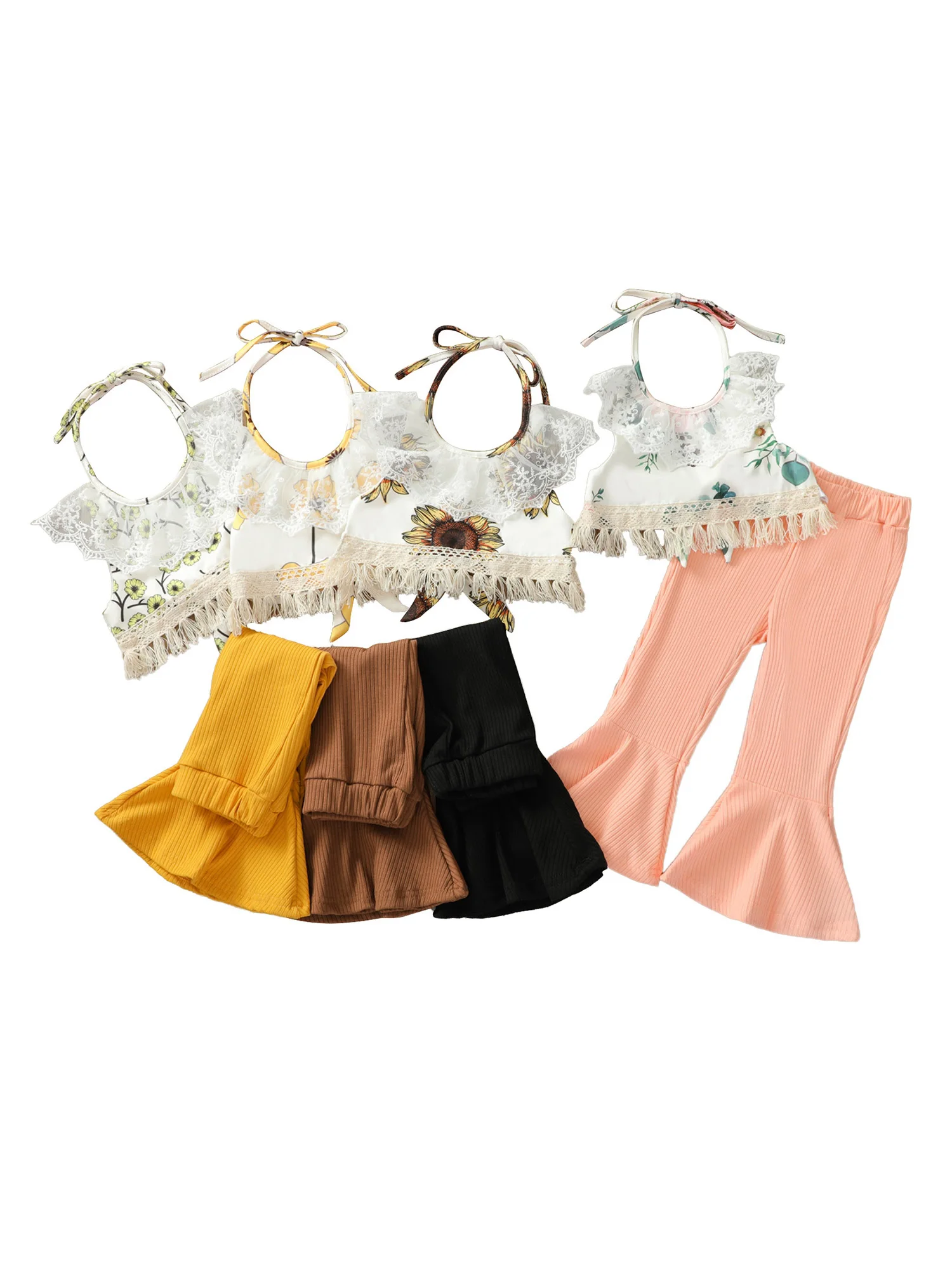 Хлопковый комплект для девочек 2-7 лет, короткий топ без рукавов с круглым вырезом и цветочным принтом, с кружевом и однотонные расклешенные брюки, повседневная одежда
Хлопковый комплект для девочек 2-7 лет, короткий топ без рукавов с круглым вырезом и цветочным принтом, с кружевом и однотонные расклешенные брюки, повседневная одежда