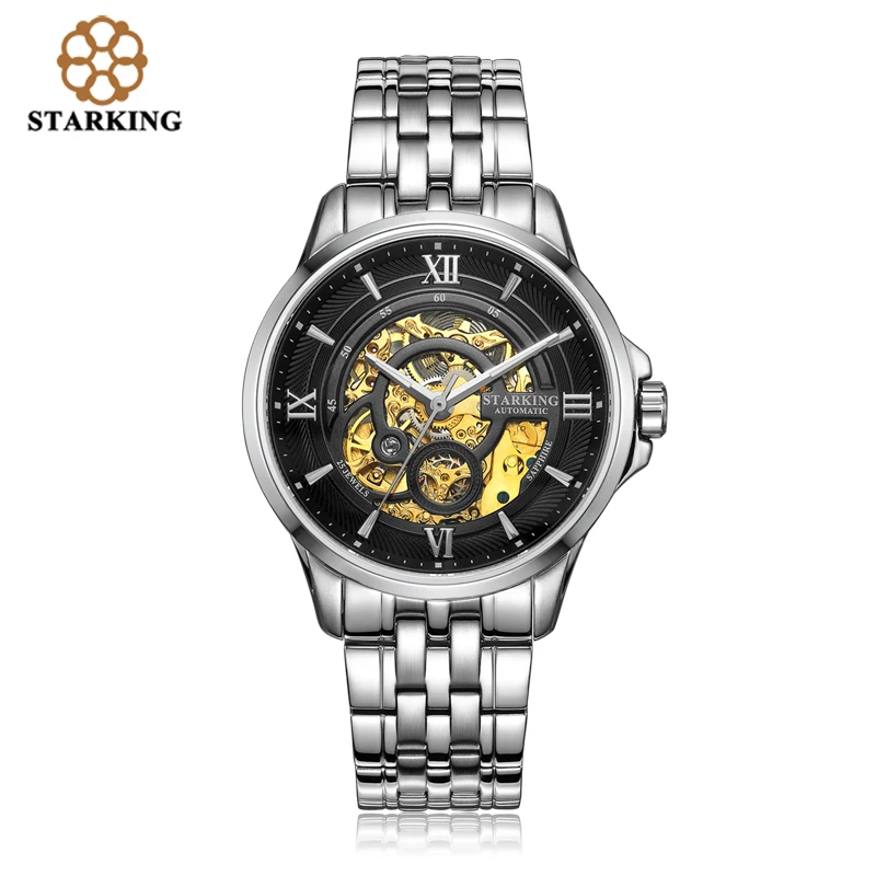 

STARKING Men Watches Stainless Steel 50m Waterproof Skeleton Automatic Self-Wind Clock Black Mechanical Relogio Masculino AM0182