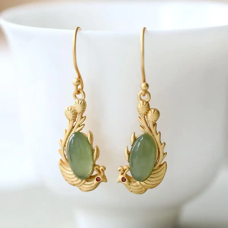Chinese Style Classical Eardrops Women's S925 Sterling Silver Gilding Hetian Gray Jade Egg Noodle Phoenix Yufei Noble Temperamen
Chinese Style Classical Eardrops Women's S925 Sterling Silver Gilding Hetian Gray Jade Egg Noodle Phoenix Yufei Noble Temperamen