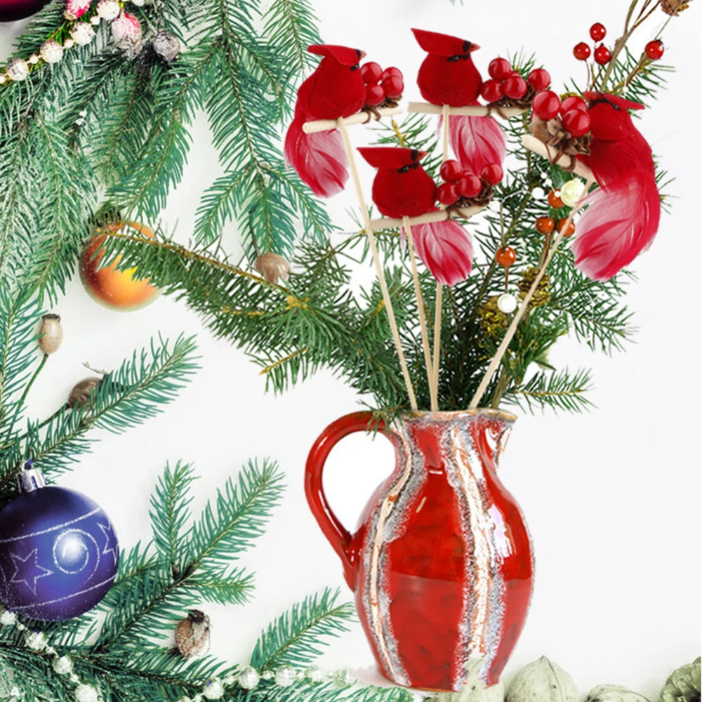 6PCS Birds Attached To Wooden Stems/ Red Cardinals Birds Decor Xmas DIY Ornament