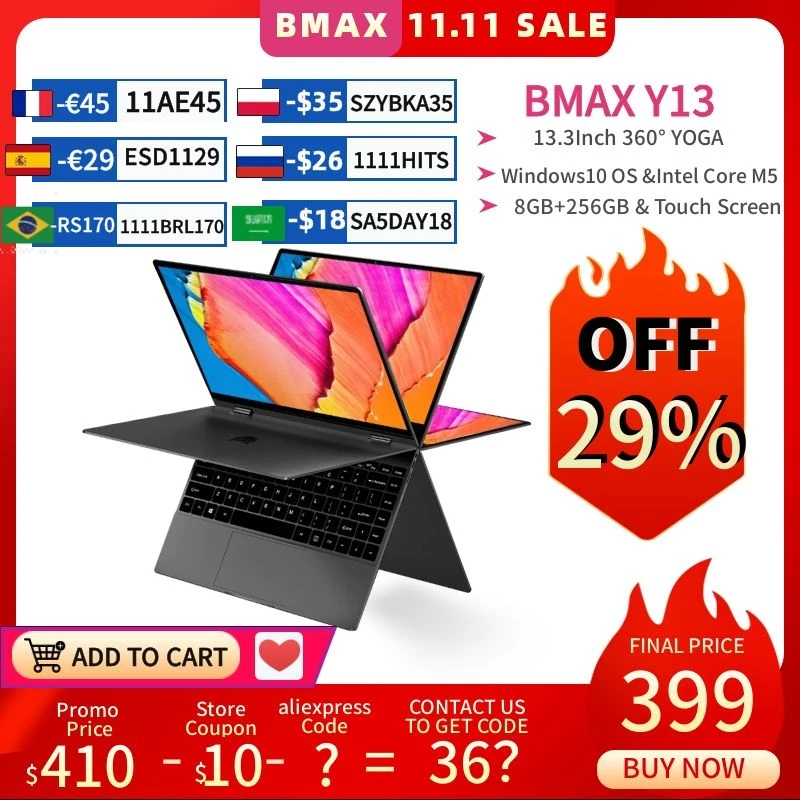 

Ноутбук BMAX Y13 Pro 360 °, 15,6-дюймовый ноутбук, Intel Core m5-6Y54 Windows 10, 8 ГБ ОЗУ, 13,3 Гб SSD, 256*1920 IPS, сенсорный экран, ноутбуки, ПК