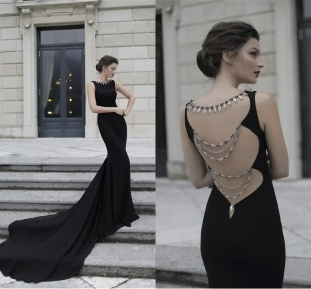 

Женское вечернее платье, длинное черное платье с глубоким круглым вырезом, украшенное бусинами и кристаллами, сексуальное платье для выпус...