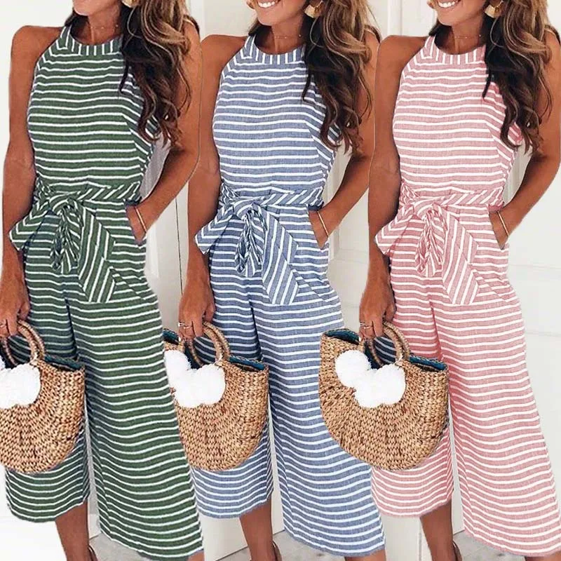 

Striped Print Skinny Summer Bodysuit Women Sleeveless O-Neck Sexy Romper Women Beach Casual Lady Jumpsuit Pop 88