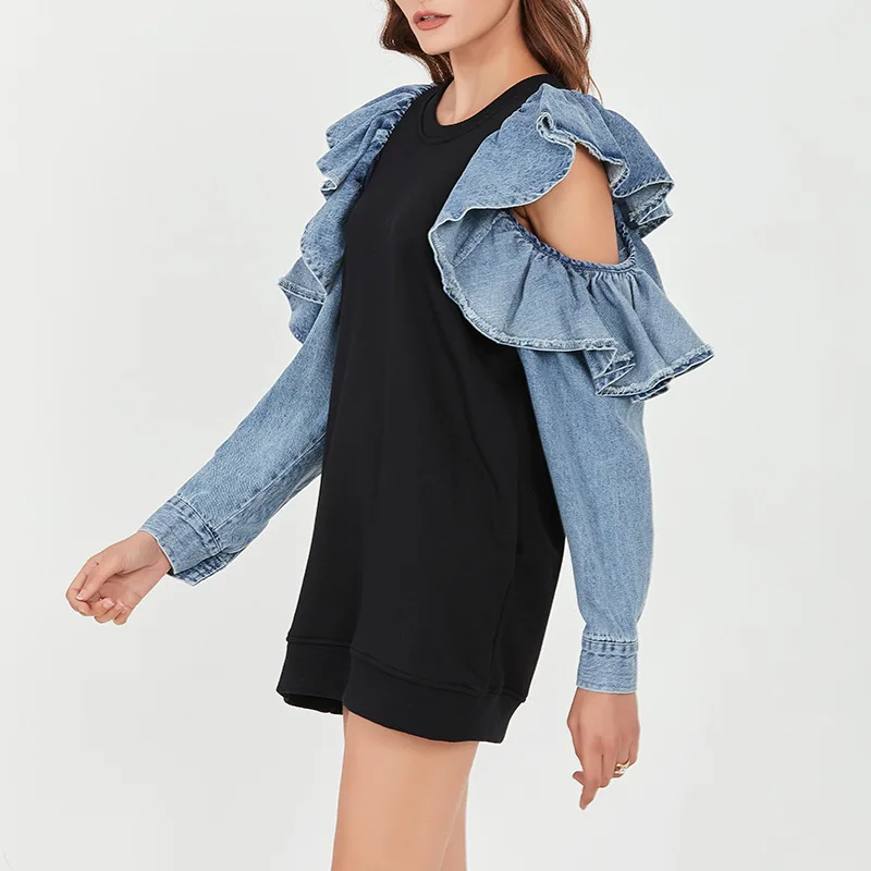 New Fashion Spring Autumn 2021 Casual Round Neck Denim Patchwork Off Shoulder Ruffle Top For Women Pullovers Sweatshirt 0JYS
New Fashion Spring Autumn 2021 Casual Round Neck Denim Patchwork Off Shoulder Ruffle Top For Women Pullovers Sweatshirt 0JYS