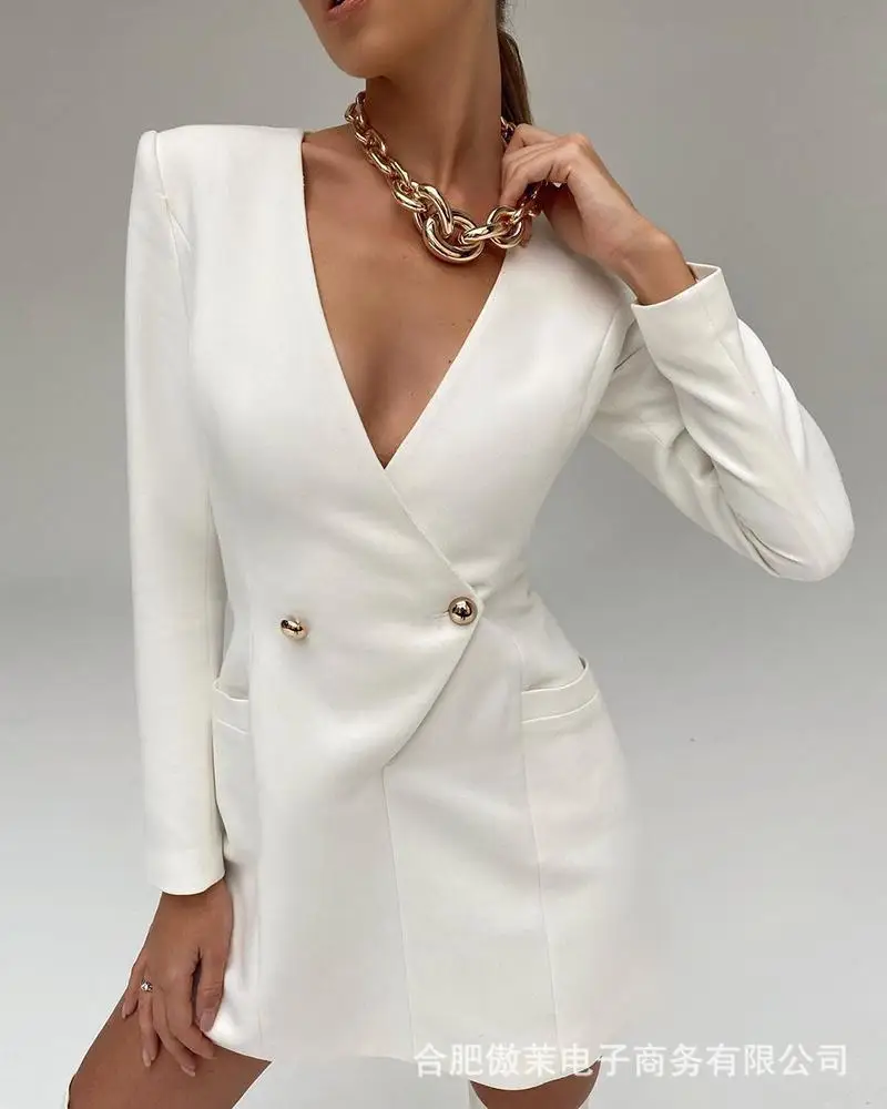 Women Solid Color Double Breasted Straight Dress Elegant Long Sleeve Deep V Neck White Blazer Dress
Women Solid Color Double Breasted Straight Dress Elegant Long Sleeve Deep V Neck White Blazer Dress
