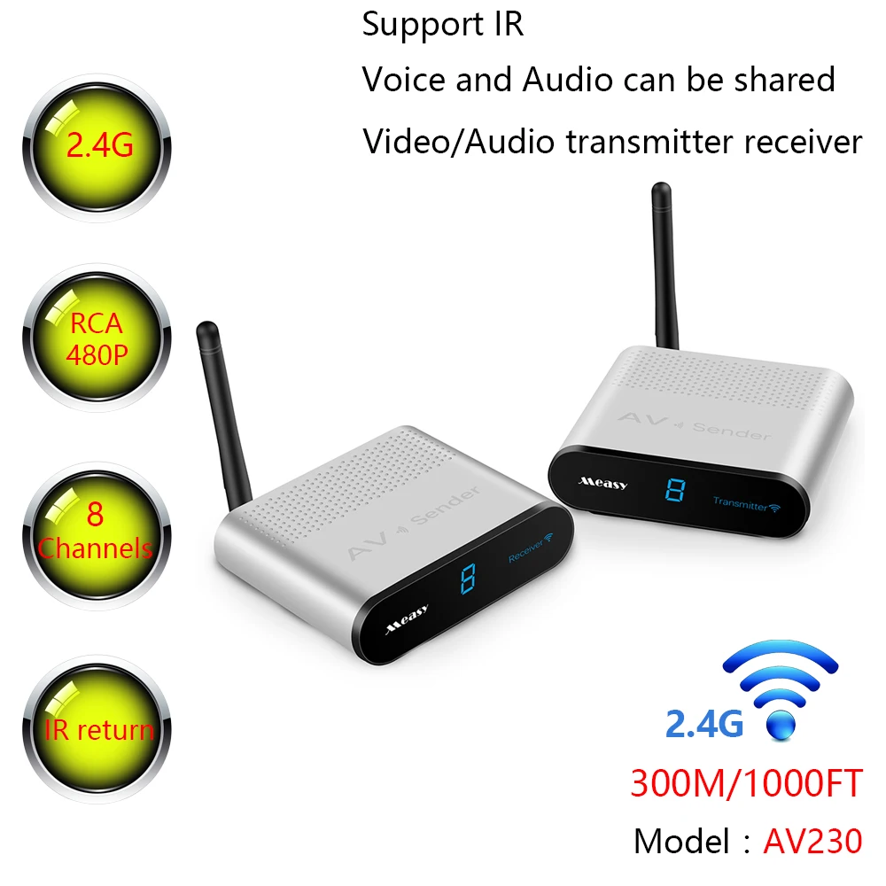 

measy AV230 2.4GHz 8 Channels Wireless Audio Video Extender AV RCA Transmitter Receiver support IR control up to 300M/1000FT