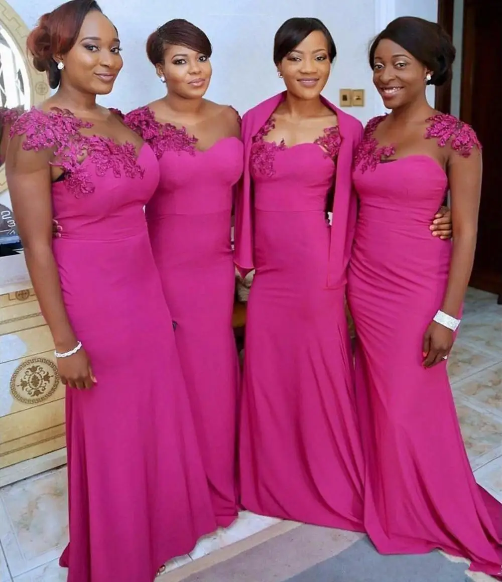 African Bridesmaids Dresses Mermaid Fuchsia Lace Appliques Sheer Scoop Neck Chiffon Sweep Train Elegant Bridesmaid Gowns
African Bridesmaids Dresses Mermaid Fuchsia Lace Appliques Sheer Scoop Neck Chiffon Sweep Train Elegant Bridesmaid Gowns