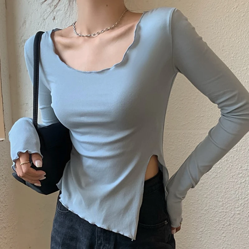 Long Sleeve Split Fork Slim T-shirts Women Simplicity Asymmetric O-neck Tops Women's Fashion Casual Solid Basic T-shirt Woman
Long Sleeve Split Fork Slim T-shirts Women Simplicity Asymmetric O-neck Tops Women's Fashion Casual Solid Basic T-shirt Woman