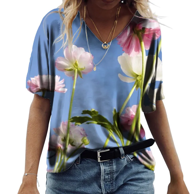 Женская футболка с коротким рукавом, V-образным вырезом и цветочным принтом
Женская футболка с коротким рукавом, V-образным вырезом и цветочным принтом