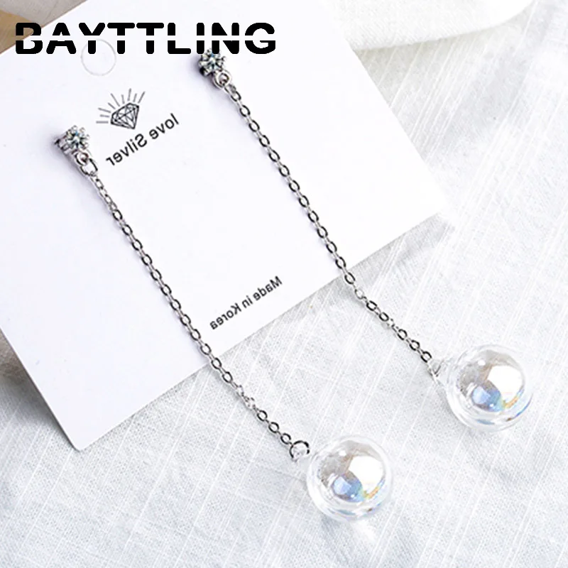 

BAYTTLING 925 Sterling Silver 66MM Milky White Glass Bead Drop Earrings For Woman Couple Fashion Charm Wedding Jewelry Gift