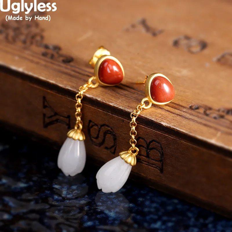 

Uglyless Triangle Agate Earrings for Women Hetian Nature Jade Magnolia Flowers Earrings Real 925 Silver Brincos Gemstone Jewelry